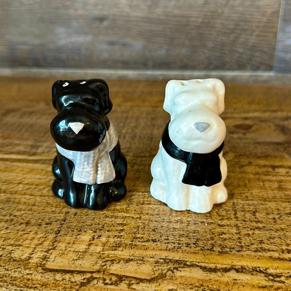 Black and white puppy winter salt and pepper shaker